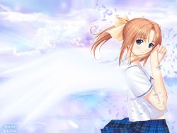 Rule 34 | 00s, 1girl, after (game), after sweet kiss, angel wings, bird, blue eyes, brown hair, chain, cloud, english text, female focus, hair ribbon, highres, jewelry, long hair, necklace, ocean, petals, ponytail, profile, ribbon, school uniform, shiomiya kanami, short sleeves, skirt, smile, solo, star (symbol), tears, tony taka, wallpaper, wind, wings