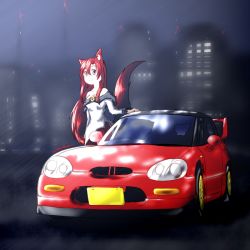 Rule 34 | 1girl, animal ears, breasts, brooch, brown hair, car, cleavage, collarbone, dress, imaizumi kagerou, jewelry, long sleeves, motor vehicle, nail polish, off shoulder, red eyes, red nails, sho~ranpe, solo, suzuki, suzuki cappuccino, tail, touhou, vehicle focus, wide sleeves, wolf ears, wolf tail