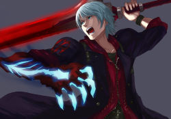 Rule 34 | 00s, 1boy, blue eyes, blue hair, capcom, claws, devil bringer, devil may cry, devil may cry (series), devil may cry 4, ippo, male focus, matching hair/eyes, nero (devil may cry), red queen (sword), short hair, solo, sword, weapon, white hair