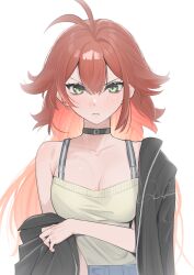 Rule 34 | &gt;:(, 1girl, absurdres, adomiwan, antenna hair, black choker, black jacket, breasts, camisole, choker, cleavage, commentary request, green eyes, highres, jacket, long hair, looking at viewer, medium breasts, off shoulder, open clothes, open jacket, orange hair, original, simple background, single bare shoulder, solo, spaghetti strap, upper body, v-shaped eyebrows, very long hair, white background