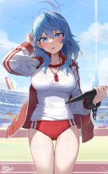 Rule 34 | 1girl, absurdres, ako (blue archive), arm up, blue archive, blue eyes, blue hair, breasts, buruma, cowboy shot, day, gym uniform, halo, highres, jacket, kokukyukeo, large breasts, long sleeves, looking at viewer, medium hair, open mouth, outdoors, red buruma, red jacket, see-through, shirt, solo, standing, sweat, thighs, track jacket, v-shaped eyebrows, wet, wet clothes, wet shirt, whistle, whistle around neck, white shirt, white sleeves