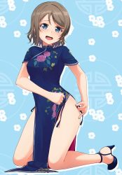 Rule 34 | 10s, 1girl, blue background, blue dress, blue eyes, blue footwear, blue sky, brown hair, china dress, chinese clothes, colored eyelashes, dress, earrings, embarrassed, floral background, floral print, flower, from side, full body, glint, green flower, head tilt, high heels, highres, jewelry, kneeling, legs, looking at viewer, love live!, love live! school idol festival, love live! sunshine!!, nanotsuki, open mouth, panties, parted bangs, pelvic curtain, shoes, side-tie panties, sky, solo, swept bangs, thighs, tying, tying panties, underwear, untied panties, watanabe you