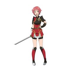 Rule 34 | 10s, 1girl, bike shorts, bike shorts under skirt, black shorts, green eyes, hand on own hip, highres, holding, holding sword, holding weapon, japanese clothes, katana, official art, open mouth, red hair, short hair, shorts, shorts under skirt, simple background, solo, sparkle, sword, sword art online, sword art online: code register, weapon, white background