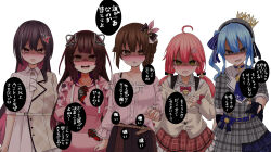 5girls ahoge azki_(4th_costume)_(hololive) azki_(hololive) beret black_bow black_gloves blue_hair blush bow brown_hair choker colored_inner_hair commentary_request crown crying crying_with_eyes_open gloves hat highres hololive hoshimachi_suisei hoshimachi_suisei_(1st_costume) long_sleeves looking_at_viewer low_twintails mini_crown multicolored_hair multiple_girls natsume_mina open_mouth partially_fingerless_gloves pink_bow pink_hair pink_skirt roboco-san roboco-san_(hoodie) sakura_miko sakura_miko_(casual) shaded_face side_ponytail simple_background skirt smile star_(symbol) tears tokino_sora translation_request twintails upper_body virtual_youtuber white_background