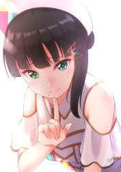 Rule 34 | 1girl, amazing travel dna, azalea (love live!), black hair, blunt bangs, blush, breasts, dress, finger to own chin, green eyes, hair ornament, hair over shoulder, hairclip, haruna miyabi, hat, highres, kurosawa dia, looking at viewer, love live!, love live! sunshine!!, medium breasts, mole, mole under mouth, multicolored clothes, multicolored dress, short sleeves, signature, simple background, smile, solo, upper body, white background