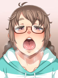 Rule 34 | 1girl, blush, braid, brown hair, collarbone, enoshima iki, eyebrows, glasses, highres, hood, long hair, looking at viewer, nose, open mouth, oral invitation, original, pink eyes, simple background, solo, striped, sweatdrop, tongue, twin braids, upper body