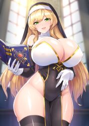 Rule 34 | 1girl, :d, black thighhighs, blonde hair, book, breasts, cleavage, commentary request, covered navel, detached sleeves, dress, fumizuki homura, gloves, gold trim, green eyes, habit, highres, holding, holding book, huge breasts, indoors, long hair, long sleeves, looking at viewer, nun, open mouth, original, pelvic curtain, sleeveless, sleeveless dress, smile, solo, thick thighs, thighhighs, thighs, veil, white gloves