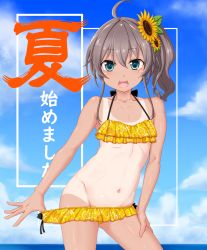 Rule 34 | 1girl, ahoge, bikini, bikini pull, blue eyes, blue sky, brown hair, clothes pull, cloud, cloudy sky, commentary, cowboy shot, day, flat chest, flower, frilled bikini, frills, groin, hair flower, hair ornament, halterneck, highres, hololive, horizon, looking at viewer, medium hair, natsuiro matsuri, natsuiro matsuri (hololive summer 2019), navel, ocean, one-piece tan, open mouth, outdoors, pulled by self, seushiki (ponti-ron), side ponytail, sky, smile, solo, standing, sunflower, sunflower hair ornament, swimsuit, tan, tanline, translated, virtual youtuber, yellow bikini