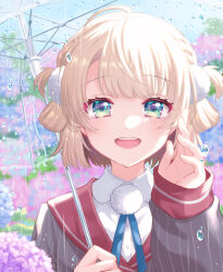 1girl absurdres blonde_hair blue_ribbon collared_shirt commentary_request flower fuyuto_kaoru green_eyes grey_jacket hair_ornament hair_rings highres holding holding_umbrella indie_virtual_youtuber jacket long_sleeves looking_at_viewer neck_ribbon open_mouth outdoors pinstripe_jacket pinstripe_pattern pom_pom_(clothes) pom_pom_hair_ornament rain red_sailor_collar ribbon sailor_collar school_uniform shigure_ui_(vtuber) shigure_ui_(vtuber)_(1st_costume) shirt sleeves_past_wrists smile solo transparent transparent_umbrella umbrella upper_body virtual_youtuber white_shirt