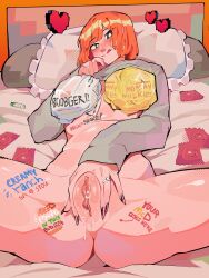 Rule 34 | 1girl, absurdres, black eyes, blush, body writing, bright pupils, burger, clothes lift, condom, condom wrapper, diforland, food, food on body, food on breasts, grey shirt, heart, highres, indoors, jewelry, licking lips, looking at viewer, lying, mother (yoru mac), on back, on bed, orange hair, pillow, presenting pussy, pussy, pussy focus, red nails, ring, sabotaged condom, shirt, shirt lift, short hair, solo, spread legs, tongue, tongue out, white pupils, wrapped burger, yoru mac