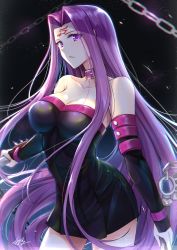 Rule 34 | 1girl, absurdres, bare shoulders, black dress, breasts, chain, cleavage, collar, collarbone, cowboy shot, dress, facial mark, fate/stay night, fate (series), forehead mark, gu li, highres, huge filesize, large breasts, long hair, looking at viewer, medusa (fate), medusa (rider) (fate), purple hair, sleeveless, solo, strapless, strapless dress, very long hair