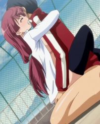 Rule 34 | 1boy, 1girl, animated, animated gif, black thighhighs, closed eyes, clothed sex, cowgirl position, hetero, leg lock, long hair, open clothes, open shirt, outdoors, red hair, rooftop, sex, shinohara katsumi, shirt, stitched, straddling, supokon! sports wear complex, thighhighs, third-party edit, tsuji tatsuya