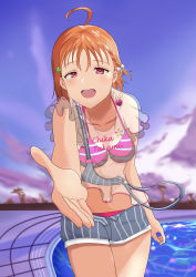 Rule 34 | 1girl, a chika-tastic summer (love live!), absurdres, alternate hairstyle, antenna hair, artist name, artist request, bare shoulders, bikini, bikini under clothes, blue pants, blue shorts, blue sky, blush, bow, bracelet, braid, breasts, cleavage, clothes writing, cloud, clover hair ornament, collarbone, day, earrings, female focus, floating hair, food-themed hair ornament, hair bow, hair ornament, hairclip, half-closed eyes, halterneck, heart (symbol), highres, jewelry, looking at viewer, love live!, love live! school idol festival, love live! school idol festival all stars, love live! sunshine!!, medium breasts, medium hair, off-shoulder shirt, off shoulder, open fly, orange bow, orange hair, orange hair ornament, outdoors, pants, parted bangs, parted lips, pearl bracelet, pink bikini, polka dot, polka dot bow, ponytail, pool, pool ladder, reaching, reaching towards viewer, red eyes, ribbon, see-through, see-through shirt, see-through sleeves, shirt, short hair, short sleeves, shorts, side braid, side ponytail, single braid, sky, smile, solo, strap slip, striped bikini, striped bow, striped clothes, striped pants, striped shorts, striped tank top, suspenders, suspenders hanging, swimsuit, takami chika, tank top, triangle hair ornament, two-tone bikini, vertical-striped clothes, vertical-striped shorts, white bow, wrist bow, yellow bow, yellow ribbon