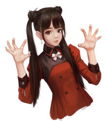 Rule 34 | 1girl, absurdres, anchor earrings, bow, bowtie, brown eyes, brown hair, claw pose, commentary, cropped torso, double bun, dutch angle, earrings, english commentary, hair bun, hands up, highres, jacket, jewelry, juliet sleeves, jungon kim, long hair, long sleeves, making-of available, original, parted lips, puffy sleeves, red jacket, simple background, solo, twintails, upper body, white background, white bow, white bowtie, wing collar