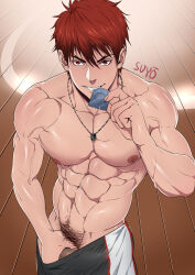 1boy abs absurdres artist_name collarbone condom condom_wrapper covered_penis cowboy_shot grin hair_between_eyes hand_on_own_penis highres holding holding_condom jewelry kagami_taiga kuroko_no_basuke looking_at_viewer male_focus male_pubic_hair muscular muscular_male navel necklace nipples nude pectorals penis pubic_hair red_eyes red_hair smile solo suyohara teeth variant_set