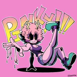 Rule 34 | 1nsert-art-here, acid, ashido mina, black sclera, boku no hero academia, breakdance, breasts, cleavage, colored sclera, colored skin, full body, green footwear, grin, highres, horns, large breasts, messy hair, navel, pink hair, pink skin, short shorts, shorts, smile, solo, tank top