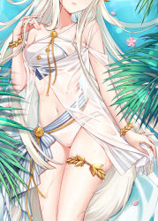 Rule 34 | 1girl, aiguillette, arknights, bare legs, bikini, bracelet, breasts, chinese commentary, closed mouth, collarbone, criss-cross halter, dakimakura (medium), dress, facing viewer, from above, halterneck, hand in own hair, head out of frame, horse tail, jewelry, jiushi shijiu, lips, long hair, medium breasts, midriff, navel, off-shoulder dress, off shoulder, official alternate costume, partially submerged, petals, plant, platinum (arknights), platinum (shimmering dew) (arknights), sash, see-through, silver hair, solo, straight hair, striped sash, swimsuit, tail, thighlet, thighs, torso, very long hair, water, wet, wet clothes, white bikini, white dress
