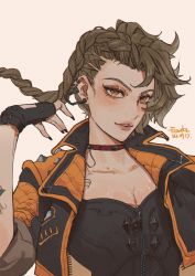 Rule 34 | 1girl, absurdres, apex legends, black gloves, black jacket, black nails, breaking the law loba, breasts, brown eyes, chinese commentary, choker, cleavage, collarbone, double bun, ear piercing, eureka1812, fingerless gloves, floating hair, gloves, hair bun, highres, jacket, loba (apex legends), medium breasts, nail polish, official alternate costume, parted lips, piercing, red choker, solo