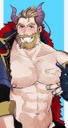 Rule 34 | 1boy, abs, absurdres, bara, beard, bergamond (crave saga), blue background, blue eyes, blush, chest hair, collarbone, colored sclera, crave saga, demon horns, elbow gloves, eyebrow cut, facial hair, fingerless gloves, gloves, grabbing, grin, highres, horns, jewelry, large pectorals, long hair, looking at viewer, male focus, mature male, multicolored hair, muscular, muscular male, mustache, navel hair, nipple piercing, nipple rings, official alternate costume, open clothes, pectoral grab, pectorals, piercing, ponytail, purple hair, shy, smile, solo, sweatdrop, thick eyebrows, thick mustache, tongue, tongue out, two-tone hair, unfinished, usuki (usukine1go), yellow sclera