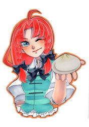 Rule 34 | 1girl, ahoge, arm behind back, bad id, bad pixiv id, baozi, blue eyes, blush, bow, braid, collared shirt, food, ginsoda, hair bow, holding, holding food, hong meiling, lips, no headwear, no headwear, one eye closed, puffy short sleeves, puffy sleeves, red hair, shirt, short sleeves, simple background, smile, solo, touhou, twin braids, upper body, vest, white background