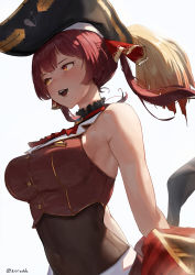 Rule 34 | 1girl, alternate eye color, armpit crease, ascot, bare shoulders, bicorne, bodysuit, bodysuit under clothes, breasts, covered navel, hair ribbon, hat, highres, hololive, houshou marine, jacket, large breasts, leotard, leotard under clothes, looking to the side, medium hair, navel, off shoulder, open mouth, red ascot, red hair, red jacket, red ribbon, red vest, ribbon, see-through, see-through leotard, sidelocks, simple background, sleeveless, solo, teeth, twintails, twitter username, upper body, upper teeth only, vest, virtual youtuber, white background, yellow eyes, zeradok