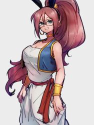 Rule 34 | 1girl, android 21, animal ears, blue eyes, bracelet, breasts, bulma, bulma (cosplay), rabbit ears, choker, cleavage, cosplay, dragon ball, dragon ball (classic), dragon ball fighterz, fake animal ears, glasses, grey background, jewelry, kemachiku, long hair, looking at viewer, medium breasts, ponytail, red hair, simple background, smile, solo, yellow choker