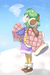 Rule 34 | 1girl, backpack, bag, blue eyes, blush, boots, bow, breath, brown bag, brown footwear, coat, dress, earmuffs, footprints, fur-trimmed dress, fur trim, highres, horns, jazz grace, lidelle (puyopuyo), looking up, outdoors, pantyhose, parted lips, pink coat, pom pom (clothes), purple bow, puyopuyo, puyopuyo fever, sleeves past fingers, sleeves past wrists, snow, solo, standing, winter, winter clothes, winter coat, yellow horns, yellow pantyhose