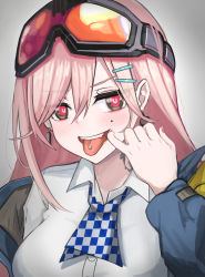 Rule 34 | 1girl, blue jacket, blush, earrings, eyewear on head, finger to mouth, girls&#039; frontline, hair between eyes, hair ornament, hairclip, heart, heart earrings, highres, jacket, jewelry, koenza botoke, long hair, looking at viewer, mole, mole under eye, nail polish, neck tattoo, open clothes, open jacket, open mouth, piercing, pink eyes, pink hair, pink nails, safety glasses, shirt, sig mcx (girls&#039; frontline), solo focus, tattoo, tongue, tongue out, tongue piercing, upper body, white background, white shirt