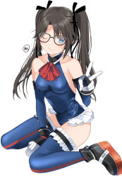 Rule 34 | 1girl, bare shoulders, black-framed eyewear, black footwear, black hair, black ribbon, blue eyes, blue leotard, blue one-piece swimsuit, blue sleeves, blue thighhighs, blush, bow, bowtie, breasts, collar, commentary request, cosplay, dead or alive, dead or alive 5, detached sleeves, dot nose, frilled collar, frilled leotard, frilled thighhighs, frills, glasses, gloves, hair ribbon, hamcheeseand, hand up, highres, idolmaster, idolmaster shiny colors, legs, leotard, long hair, looking at viewer, marie rose, marie rose (cosplay), marie rose (devilish servant against the splashing waves), mitsumine yuika, on floor, one-piece swimsuit, one eye closed, red bow, red bowtie, ribbon, sitting, small breasts, smile, solo, swimsuit, thighhighs, thighs, twintails, v, wariza, white background