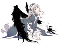 Rule 34 | 00s, 1girl, all fours, bad id, bad pixiv id, dress, flower, frills, hairband, long hair, purple flower, purple rose, red eyes, rose, rozen maiden, silver hair, simple background, solo, suigintou, wings, yuki (wankosoba)