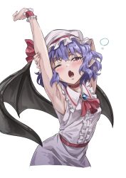Rule 34 | 1girl, absurdres, armpits, bat wings, black wings, breasts, choker, demon wings, dress, fang, gyouza (mhea5724), highres, medium breasts, one eye closed, open mouth, outstretched arm, pointy ears, purple hair, red choker, red eyes, red nails, remilia scarlet, short hair, sideboob, skin fang, sleeveless, solo, stretching, touhou, white background, white dress, white headwear, wings
