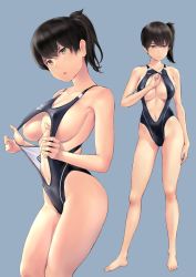 Rule 34 | 1girl, blush, breasts, brown eyes, brown hair, cleavage, cleavage cutout, clothes pull, clothing cutout, collarbone, full body, grey background, highres, kaga (kancolle), kantai collection, large breasts, looking at viewer, medium hair, multiple views, navel, navel cutout, one-piece swimsuit, one-piece swimsuit pull, parted lips, side ponytail, simple background, standing, swimsuit, wa (genryusui)