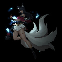 Rule 34 | 1girl, ahri (league of legends), animal ears, black background, black hair, blue nails, breasts, brown eyes, commentary, detached sleeves, energy ball, english commentary, facial mark, fox ears, fox girl, fox tail, frilled skirt, frills, full body, highres, huabinwang, kitsune, kyuubi, league of legends, long hair, low-tied long hair, medium breasts, miniskirt, multiple tails, signature, skirt, solo, tail, thigh strap, very long hair, whisker markings, wide sleeves