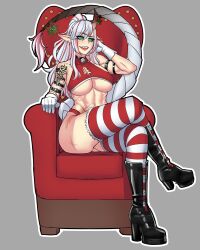 Rule 34 | 1girl, abs, absurdres, arm strap, armchair, astral snowlight, black footwear, black sclera, boots, breasts, chair, christmas, cleavage cutout, clothing cutout, colored sclera, commentary, commission, cooterzi, crop top, cross scar, crossed legs, english commentary, fang, full body, gloves, grey background, halterneck, high heel boots, high heels, highres, holly, horn ornament, horns, indie virtual youtuber, large breasts, long hair, long pointy ears, looking at viewer, multicolored hair, multiple scars, muscular, muscular female, oni, panties, pink hair, pointy ears, ponytail, red panties, red thighhighs, scar, scar on leg, shoulder tattoo, single horn, sitting, slit pupils, solo, striped clothes, striped thighhighs, tail, tail ornament, tattoo, teeth, thighhighs, two-tone hair, underboob, underwear, upper teeth only, virtual youtuber, white gloves, white hair