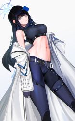 Rule 34 | 1girl, absurdres, bare shoulders, baseball cap, belt, black hair, black hat, black shirt, blue archive, blue eyes, blue pants, bluemayo, blunt bangs, breasts, coat, commentary, crop top, grey background, hat, highres, large breasts, leggings, long hair, looking at viewer, midriff, navel, off shoulder, open clothes, open coat, pants, saori (blue archive), shirt, sleeveless, sleeveless shirt, solo, standing, stomach, thighs, very long hair, white coat