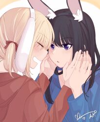 2girls animal_ear_hairband animal_ears black_hair blonde_hair blue_hoodie blush closed_eyes commentary fake_animal_ears hair_ribbon hairband hand_on_another&#039;s_face highres holding_hands hood hoodie inoue_takina long_hair looking_at_another lycoris_recoil medium_hair multiple_girls nishikigi_chisato open_mouth parted_lips purple_eyes rabbit_ears red_hoodie red_ribbon ribbon short_twintails signature symbol-only_commentary tan_dand twintails upper_body yuri