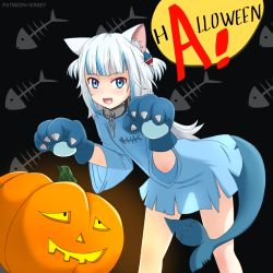 Rule 34 | 1girl, :d, alternate costume, animal ear fluff, animal hands, blue dress, blue hair, blunt bangs, chain, collar, commentary, dress, fins, fish tail, gawr gura, gloves, hololive, hololive english, huyase, jack-o&#039;-lantern, leaning forward, long hair, looking at viewer, metal collar, multicolored hair, open mouth, paw gloves, shark tail, sharp teeth, smile, solo, tail, teeth, torn clothes, torn dress, two-tone hair, two side up, virtual youtuber, white hair, wide sleeves