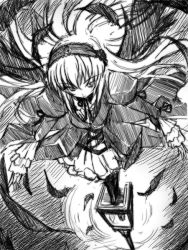 Rule 34 | 00s, 1girl, dress, feathers, floating hair, foreshortening, frilled sleeves, frills, from above, greyscale, hairband, katsupisa, lamppost, legs together, lolita fashion, long hair, long sleeves, monochrome, rozen maiden, sketch, solo, standing, suigintou, wings