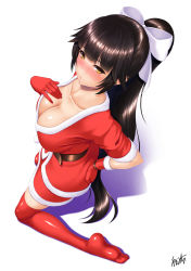 Rule 34 | 1girl, absurdres, azur lane, belt, blunt bangs, blush, bow, bracelet, breasts, brown hair, christmas, cleavage, collarbone, commentary request, from above, gloves, hair bow, hair flaps, hand on own hip, hand on own chest, highres, jewelry, large breasts, long hair, looking at viewer, parted lips, ponytail, red gloves, santa costume, sitting, takao (azur lane), thighhighs, very long hair, white bow, yama-michi, yellow eyes