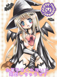 Rule 34 | 1girl, bad id, bad pixiv id, blonde hair, blue eyes, blush, boots, bow, breasts, cape, censored, fang, gloves, halloween, happy halloween, hat, kneeling, little busters!, long hair, naked cape, nipples, noumi kudryavka, open mouth, pink bow, ribbon, shira ichigo, shira ichigo (ws), silver hair, small breasts, solo, thighhighs, wings