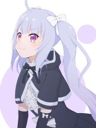 Rule 34 | 1girl, :3, ahoge, assault lily, black ribbon, black skirt, blunt bangs, bow, buttons, circle, closed mouth, commentary request, cropped jacket, detached sleeves, frilled shirt, frilled shirt collar, frills, grey hair, hair bow, highres, hood, hood down, leaning forward, light blush, long hair, long sleeves, looking away, miriam hildegard von gropius, neck ribbon, pleated skirt, purple background, purple eyes, ribbon, school uniform, shirt, short sleeves, sidelocks, skirt, sleeve bow, solo, sora umi ao, twintails, two-tone background, underbust, upper body, very long hair, white background, white bow, white shirt, yurigaoka girls academy school uniform