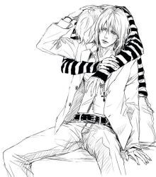 Rule 34 | 00s, 2boys, belt, bracelet, buckle, cross, death note, greyscale, hug, hug from behind, jacket, jewelry, lily (artist), long sleeves, male focus, matt (death note), mello (death note), monochrome, multiple boys, necklace, open clothes, open jacket, rosary, shueisha, simple background, sitting, sketch, white background, yaoi