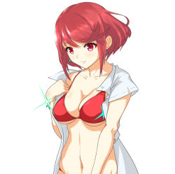 Rule 34 | 1girl, bikini, blush, breasts, cleavage, dolling60883582, dollinger, earrings, jacket, jewelry, large breasts, navel, nintendo, open clothes, open jacket, pyra (xenoblade), red eyes, red hair, short hair, simple background, smile, solo, swept bangs, swimsuit, white background, xenoblade chronicles (series), xenoblade chronicles 2