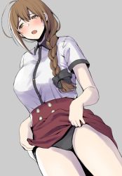 Rule 34 | 1girl, ahoge, amano don, black bow, black panties, blush, bow, braid, brown eyes, brown hair, clothes lift, commentary request, cowboy shot, dutch angle, grey background, hair bow, hair over shoulder, highres, idolmaster, idolmaster shiny colors, kuwayama chiyuki, lifting own clothes, long braid, long hair, looking away, open mouth, panties, pantyshot, red skirt, shirt, simple background, single braid, skirt, skirt lift, solo, tears, underwear, white shirt