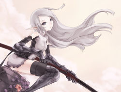 Rule 34 | 1girl, armor, boots, elbow gloves, elf, flower, gloves, grey eyes, kazuoki, long hair, navel, original, pointy ears, silver hair, sitting, solo, sword, thigh boots, thighhighs, weapon, wind