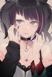 Rule 34 | 1girl, :p, bare shoulders, black choker, black hair, black nails, choker, close-up, diagonal bangs, ear piercing, earrings, eyelashes, fingernails, gradient hair, grey background, hands up, highres, idolmaster, idolmaster shiny colors, jewelry, long sleeves, looking at viewer, multicolored hair, nail polish, necklace, nekoume, off shoulder, piercing, purple eyes, purple hair, short hair, simple background, slit pupils, smile, solo, strap slip, streaked hair, tanaka mamimi, tongue, tongue out, upper body