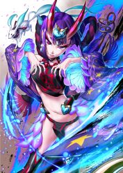 Rule 34 | 1girl, :p, bare shoulders, blue fire, chinese clothes, dedeen, detached sleeves, dudou, earrings, eyeshadow, fate/grand order, fate (series), fingernails, fire, forehead jewel, fox, headpiece, heart, highres, horns, jewelry, looking at viewer, makeup, nail polish, navel, oni, pelvic curtain, pointy ears, purple eyes, purple hair, purple nails, sharp fingernails, short hair, shuten douji (fate), shuten douji (fate/grand order), shuten douji (halloween caster) (fate), skin-covered horns, smile, solo, spirit, thighhighs, tongue, tongue out, wind