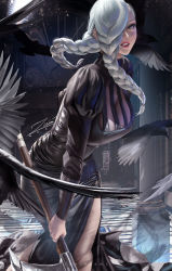 Rule 34 | 1girl, axe, banned artist, bird, black dress, braid, braided bangs, braided ponytail, breasts, brown eyes, cleavage, column, crow, dress, eyelashes, feathers, hair over one eye, holding, holding axe, holding weapon, indoors, jujutsu kaisen, juliet sleeves, large breasts, long sleeves, mei mei (jujutsu kaisen), parted lips, pillar, puffy sleeves, side slit, silver hair, turtleneck, turtleneck dress, weapon, zumi (zumidraws)