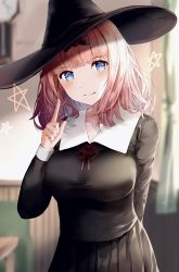 Rule 34 | 1girl, arm behind back, bad id, bad pixiv id, black bow, black hat, black shirt, black skirt, blue eyes, blunt bangs, blurry, blurry background, blush, bow, breasts, collarbone, commentary request, curtains, depth of field, fujiwara chika, hair bow, hand up, hat, highres, impossible clothes, index finger raised, indoors, kaguya-sama wa kokurasetai ~tensai-tachi no renai zunousen~, large breasts, long hair, long sleeves, looking at viewer, pink hair, pleated skirt, red ribbon, ribbon, school uniform, shiranui (nisioisin sinob), shirt, shuuchiin academy school uniform, skirt, smile, solo, star (symbol), witch hat