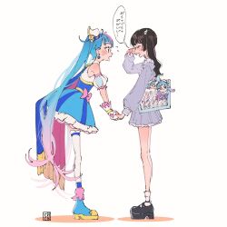Rule 34 | 2girls, aoi tete, artist name, bag, black footwear, black hair, blue cape, blue dress, blue eyes, blue footwear, blue hair, bobby socks, boots, bow, cape, carrying, character doll, commentary, crying, cure sky, detached sleeves, dress, dress bow, earrings, fingerless gloves, flying sweatdrops, frilled dress, frills, fringe trim, from side, frown, gloves, gradient hair, grey dress, handbag, highres, hirogaru sky! precure, holding hands, jewelry, leaning forward, long hair, long sleeves, looking at another, mary janes, multicolored hair, multiple girls, open mouth, pink hair, precure, puffy detached sleeves, puffy sleeves, red cape, shoes, short dress, signature, simple background, sleeveless, sleeveless dress, socks, sora harewataru, standing, streaked hair, thighhighs, translated, twintails, two-sided cape, two-sided fabric, very long hair, white background, white gloves, white socks, white thighhighs, wing hair ornament